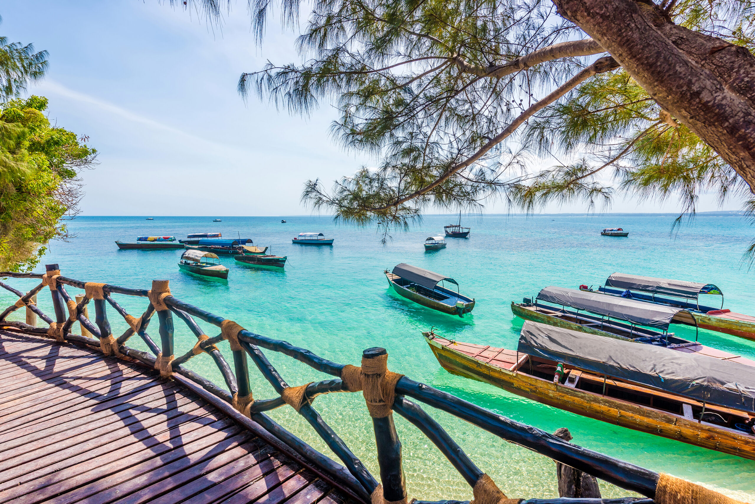 5-Day Bush to Beach: Northern Safari & Zanzibar Escapes amazing landscape with turquoise ocean and boats from a terrace